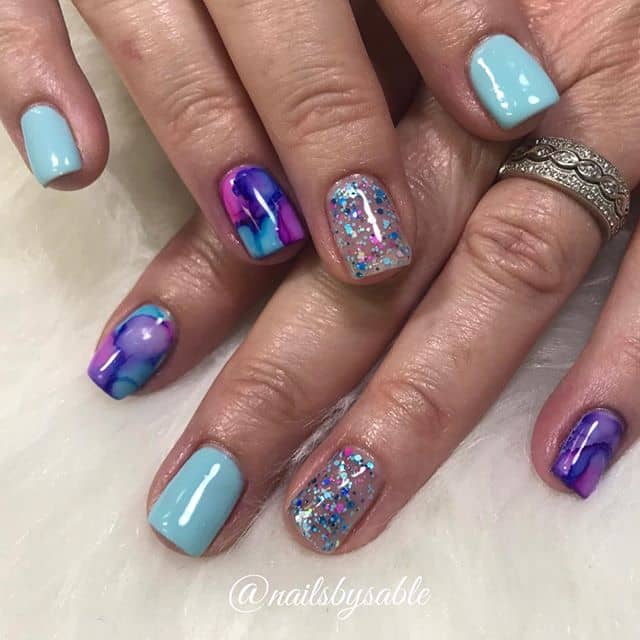 Light Blue, Water Color, and Confetti Nails
