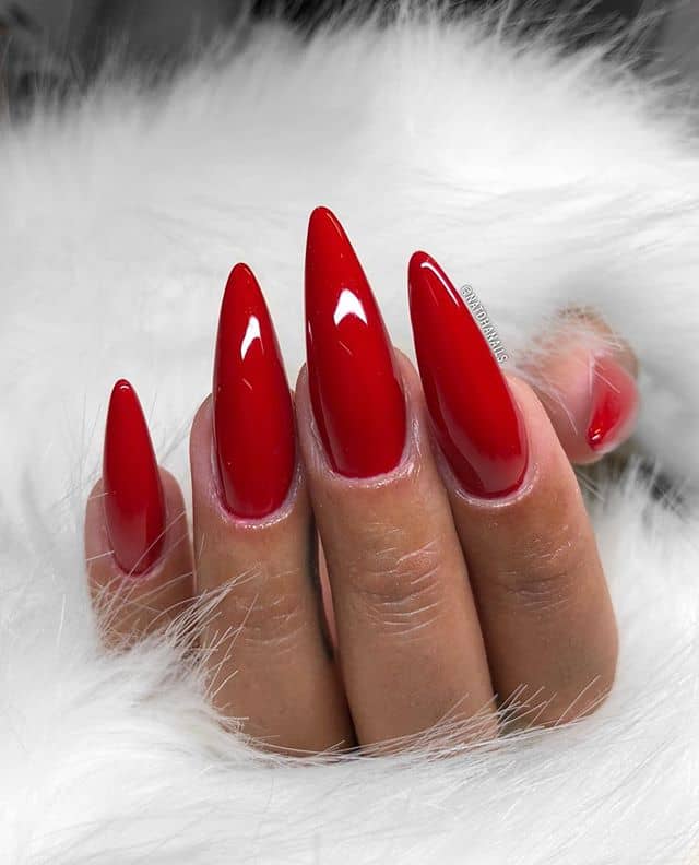 Long, Shiny Ruby Red Stiletto Nails