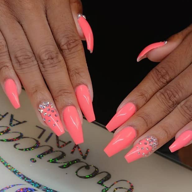 Pretty Pink Coffin Nails with Gem Accents