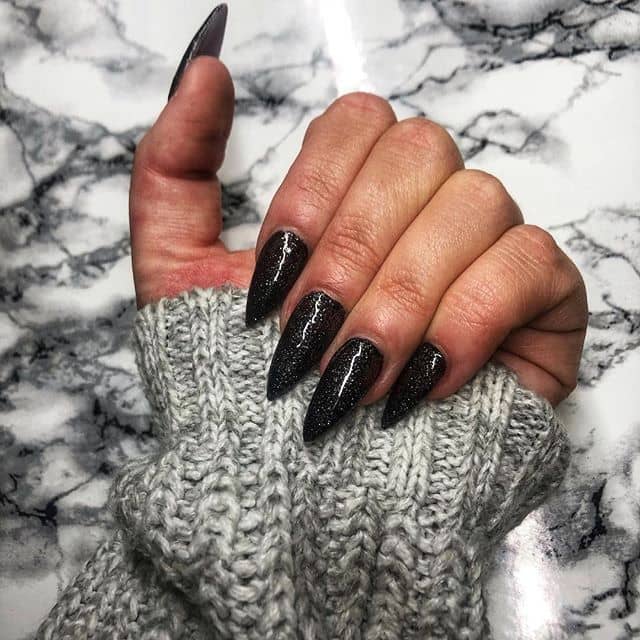 Black Stiletto Nails with Sexy Silver Sparkles