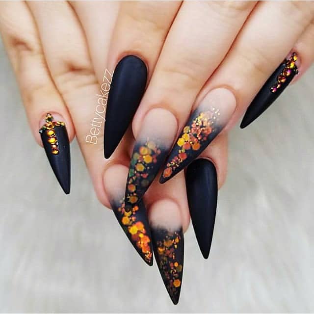 Matte Black Stiletto Nails with Fractal Autumn Color, Gold Stiletto Nails