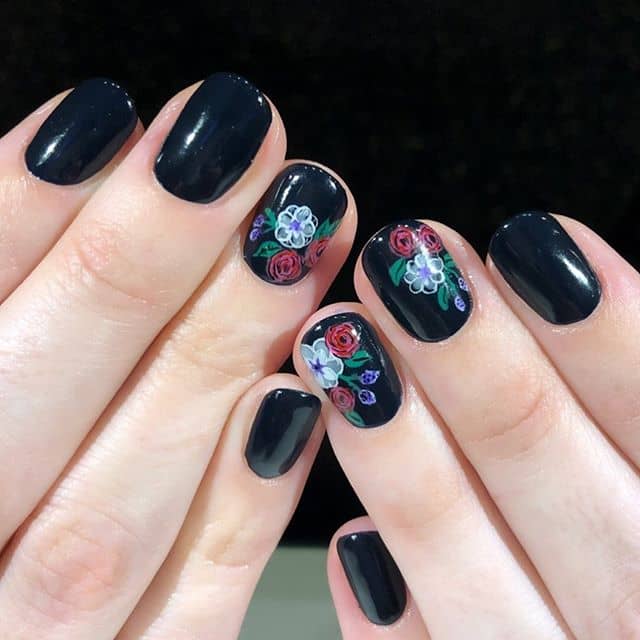 Navy Blue Polish with Delicate Floral Nail Art