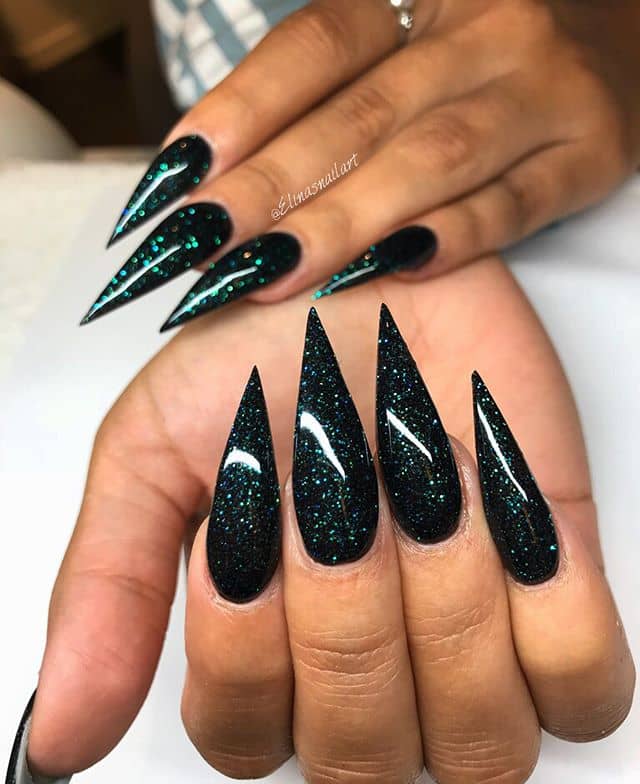 Needle-sharp Stiletto Nails with Green and Silver Glitter