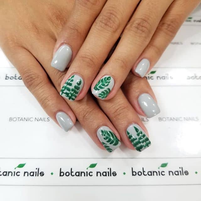 Design for Short Nails: Cute Palm Tree Leaves Neon Green and Gray Nail Design