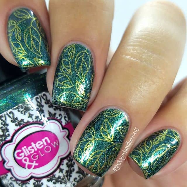 Design for Short Nails: Metallic Neon Green and Gold Tones with Stamping Effect