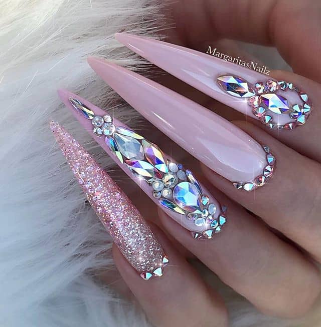 Summer Stiletto Nails, Pale Purple with Crystalline Constellations and Glitter