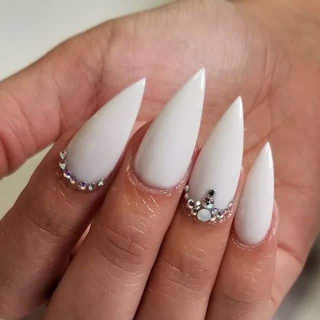 Short Stiletto Nails: Solid White Tapered Nails with Crystal-lined Cuticles