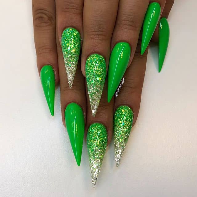 Short Stiletto Nails: Wicked Green Stiletto Nails with Silver Tips, Acrylic Nails, Summer Stiletto Nails
