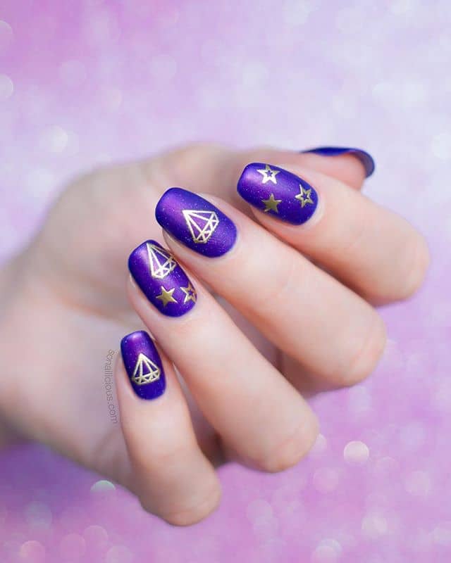 Gold Diamond and Star Purple Nail Designs