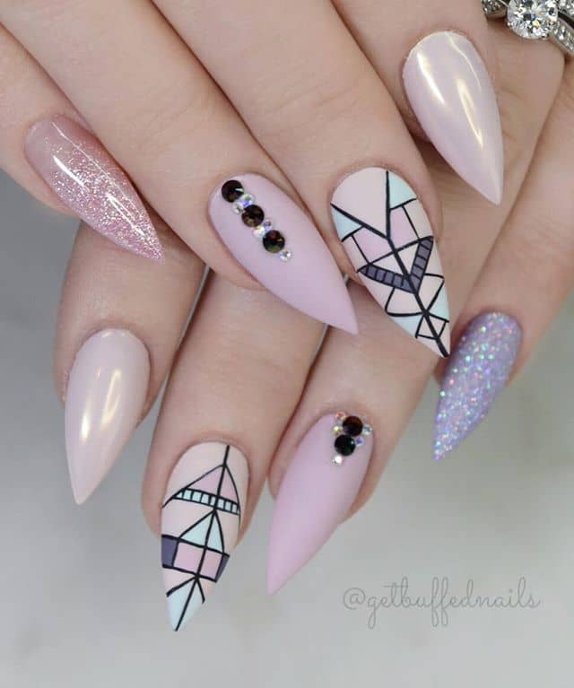 Long Stiletto Nails: Pastel Pink with Art Deco Decorations