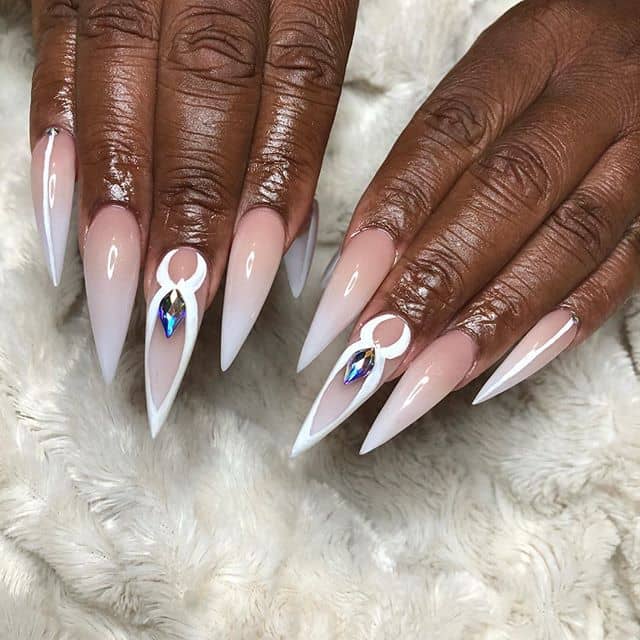 Long Stiletto Nails: Acrylic Nails, Milky Pink and White Ombré with Blue Crystals
