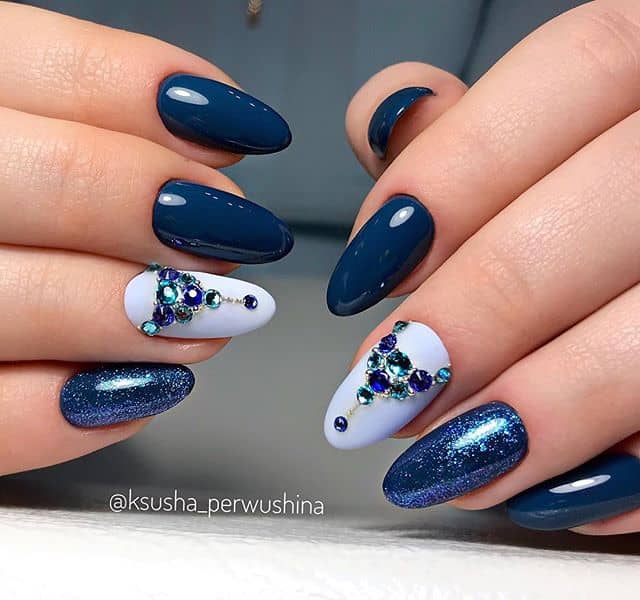 Blue Nails with Shimmers and Gem Accents