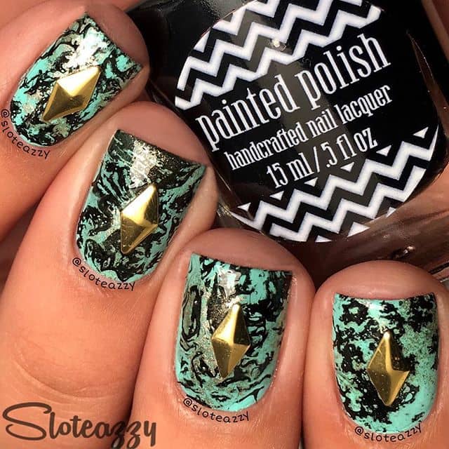 Design for Short Nails: Cool Artsy Black and Mint Marble Nail Design