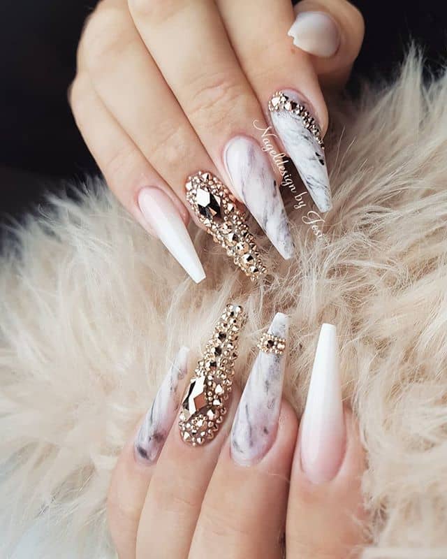 Acrylic Nails, White Marble with White Gold Stiletto Nails