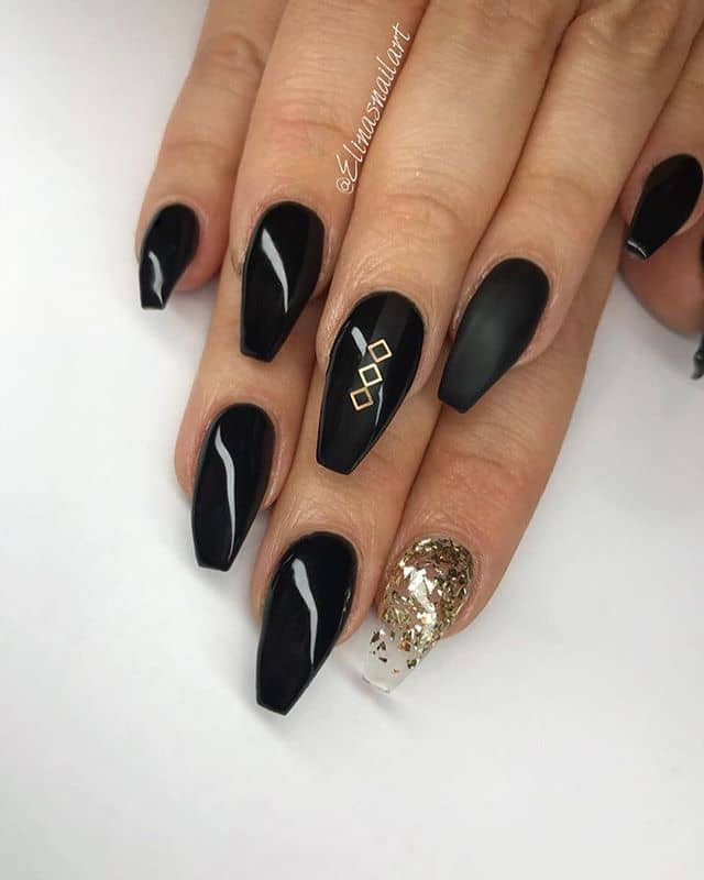 Uniquely Asymmetric Black and Gold Nails