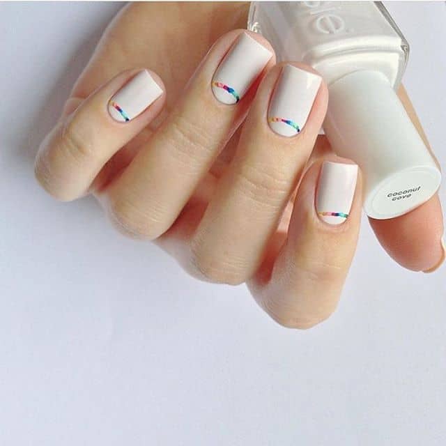 Design for Short Nails: Bright White Nails with Mini Rainbow Arches