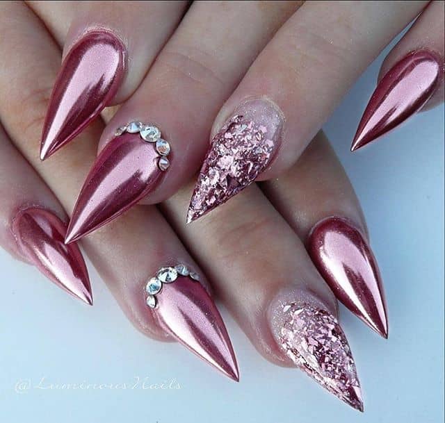 Acrylic Nails, Cute Stiletto Nails with Metallic Rose Gold with Glittery Accents