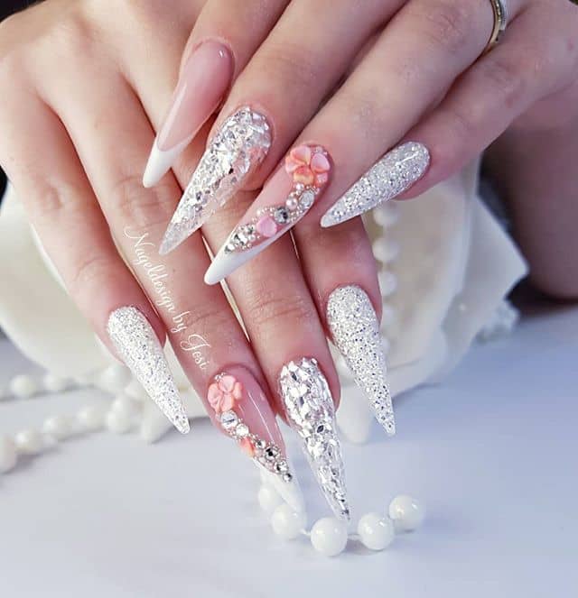 Christmas Stiletto Nails, Acrylic Nails, Pointed French Manicures with Hibiscus and Gems