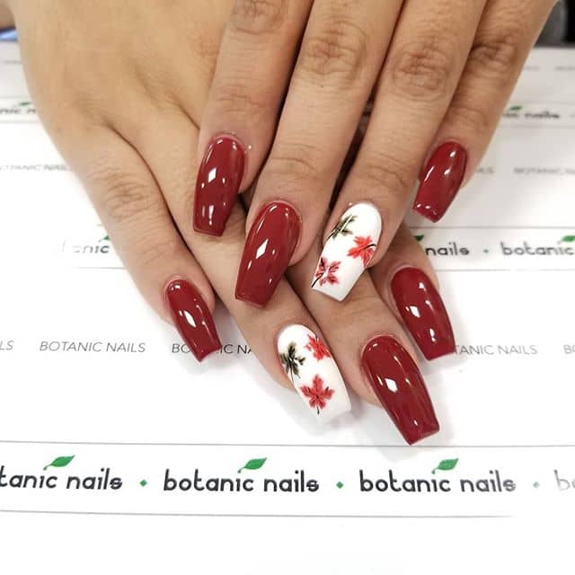 Rosy Red Nails with Fall Highlights