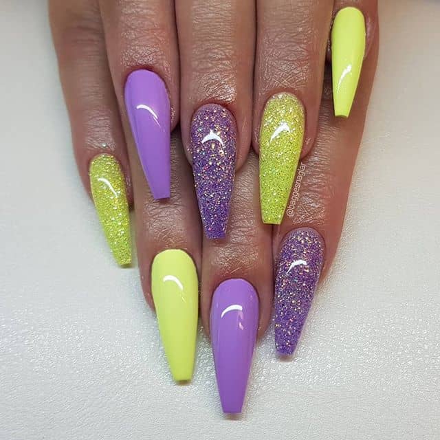 Ready-to-Party Sparkling Yellow and Purple Nail Art