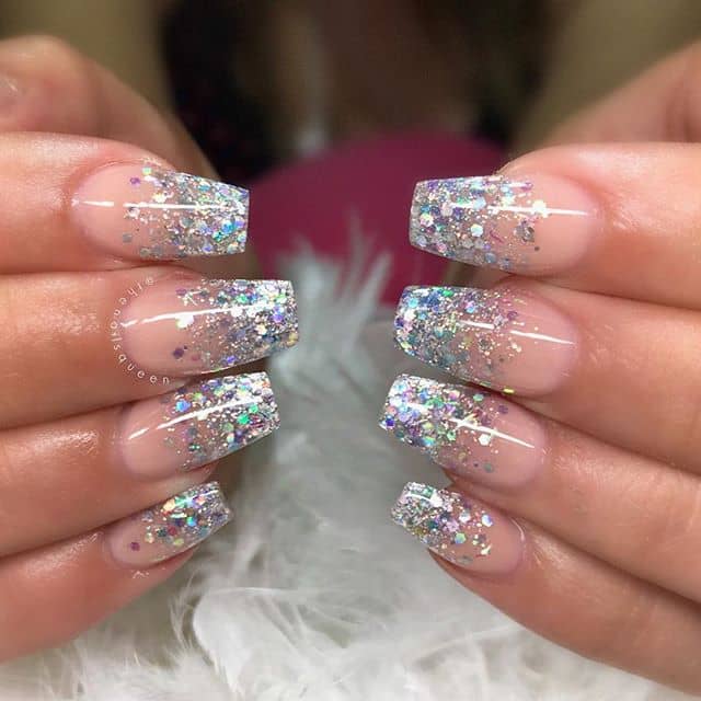 Natural Nails with Glittered Tips of Silver