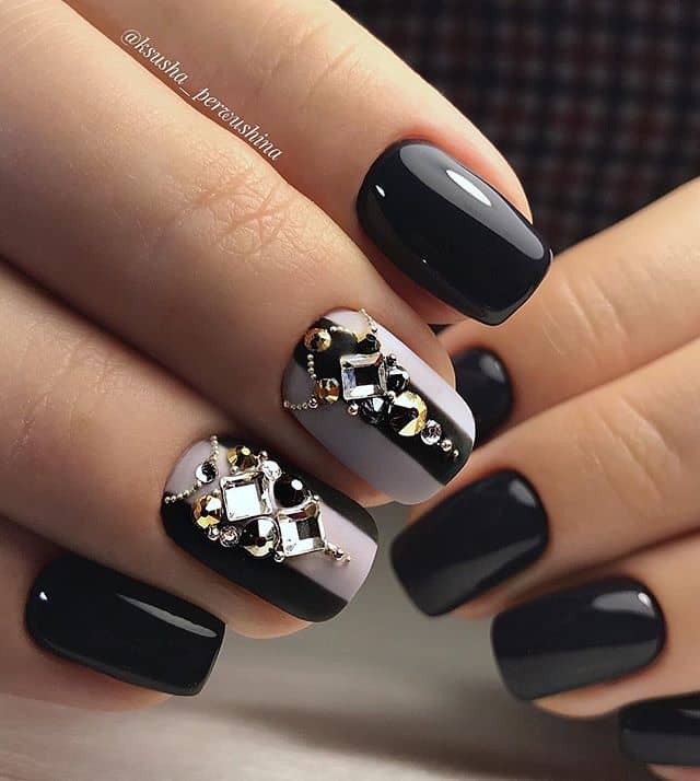 Burnished Black Nails With Jewel Accents
