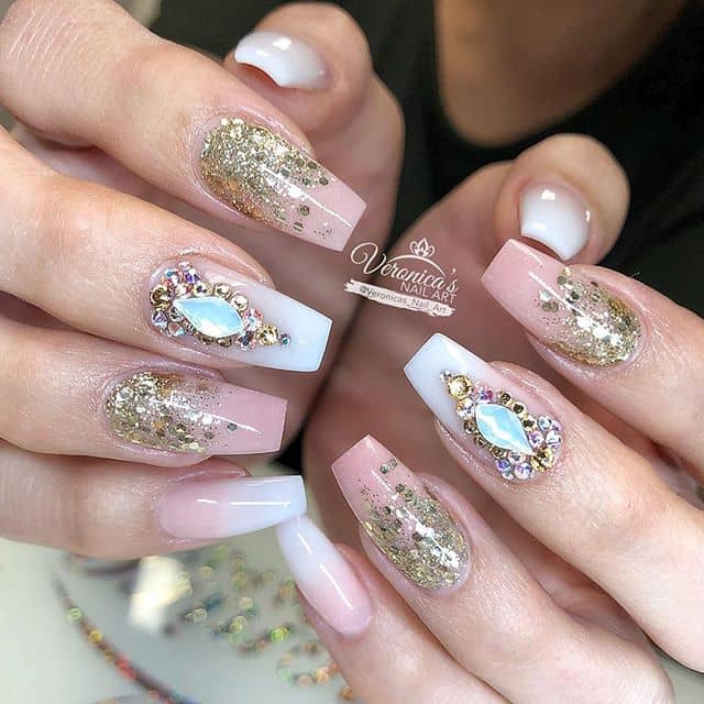 Gems and Glitter on Soft Pink Nails