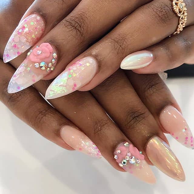 Translucent Pink Stiletto Nails with Princess Vibes, Pointy Nails