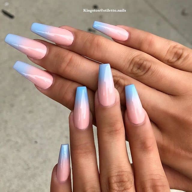 Blue and Pink Stiletto Nails with Filed Tips, Acrylic Nails