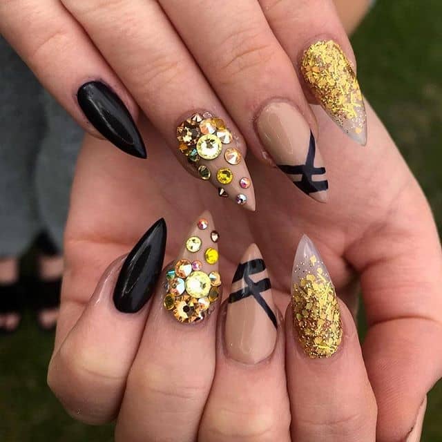 Black, Gold, and Bejeweled Talon Nails, Acrylic Nails