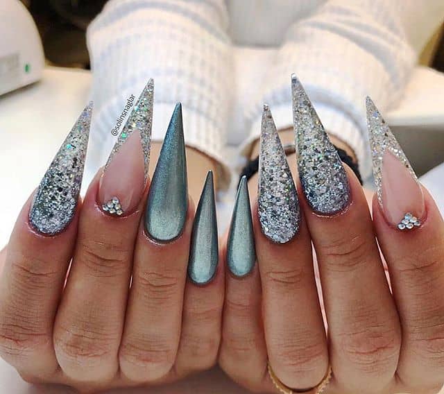 Silver Glitter Ombre Stiletto Nails