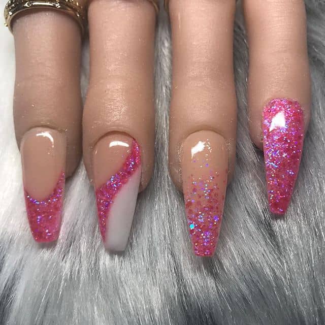 French Tip and Pink Glitter Ombre Nails