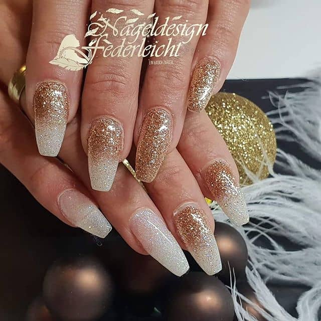 Beautiful Gold Glitter and White Ombre Nails