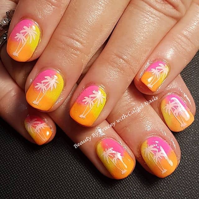 Neon Tri-color Orange Nails with Palm Trees