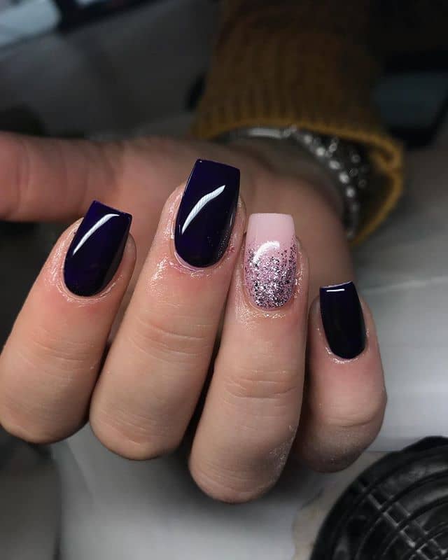 Navy Blue with Pink Ombre Glitter Nail