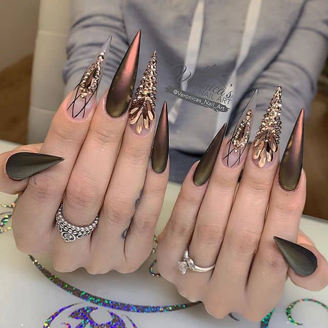 Sharp and Witty Dark Gold Diamond Nails