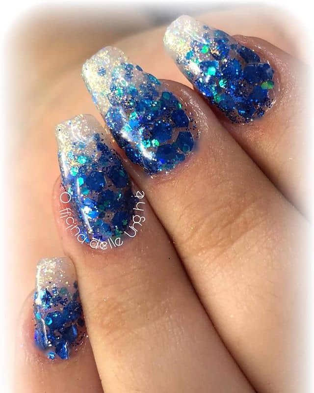 Silver and Blue Sparkle Ombre Nails