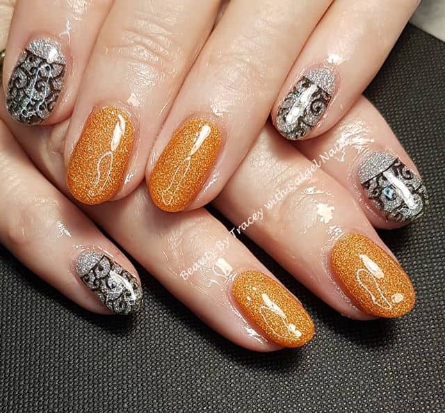 Sparkle and Shine Neon Orange Nails with Lace Overlay