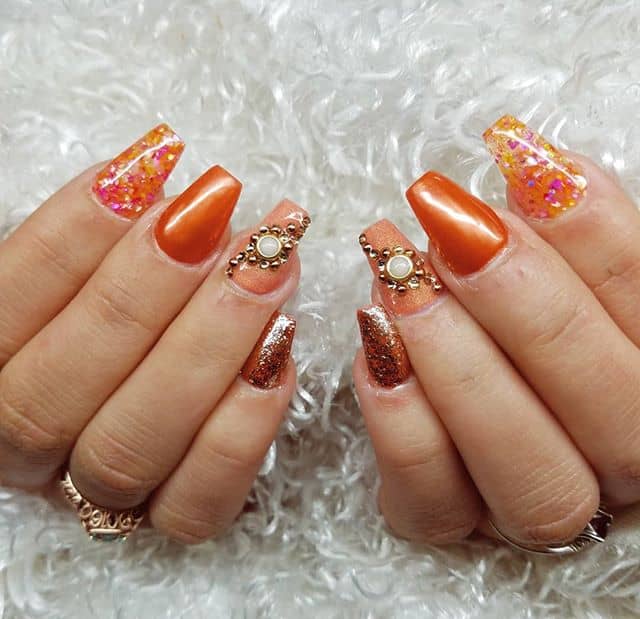 Orange Bejeweled, Glittering Show-Stoppers Neon Orange Nails