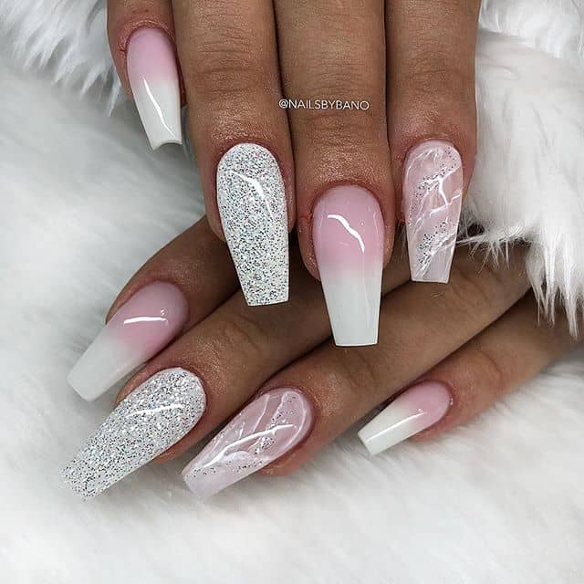 Pink and White Ombre nails with Marbled Accents