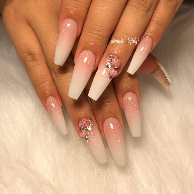 Cute Pink Ombre Nails with Rose Rhinestones