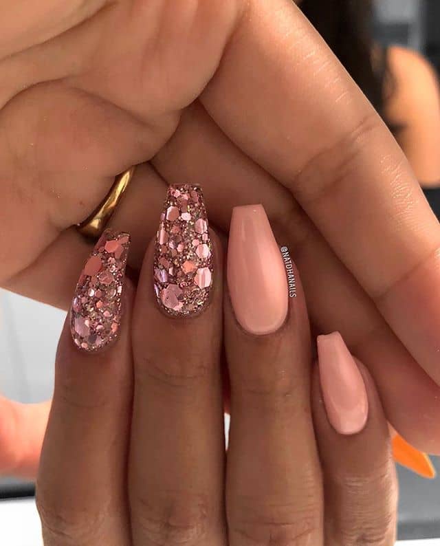 Coral Pink Nails with Glitter Flecks