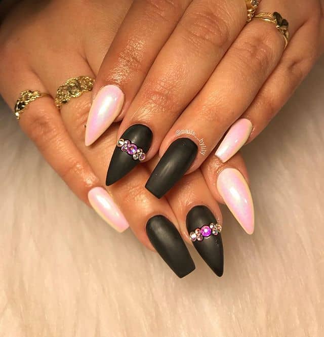 Coffin-Stiletto Nail Combo in Matte Black and French Pink