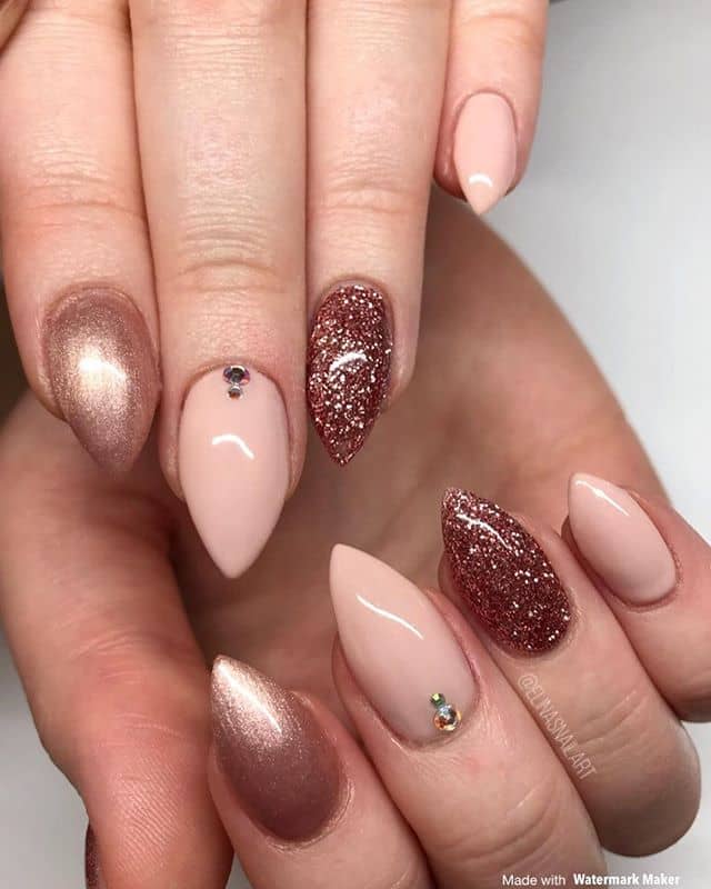 Bronze Mountain Peak Nails with Glitter and Gemstones