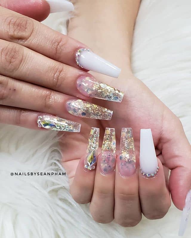 White and Gold Jewel-Filled Crystalline Nails