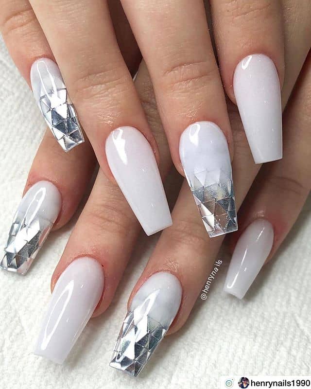 White Nails with Silver Foil Tips