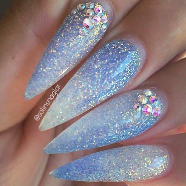 Frosted Blue Nails with Rhinestones