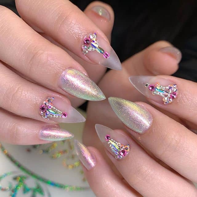 Beautiful Hindi-inspired Rhinestone Nail Art with Frosted Nails