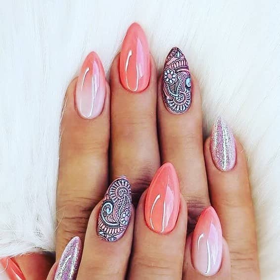 Paisley and Rosy Pink Simple Mountain Peak Nails