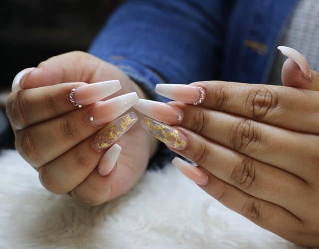 White Gradient Jewel Nails with Gold Leaf